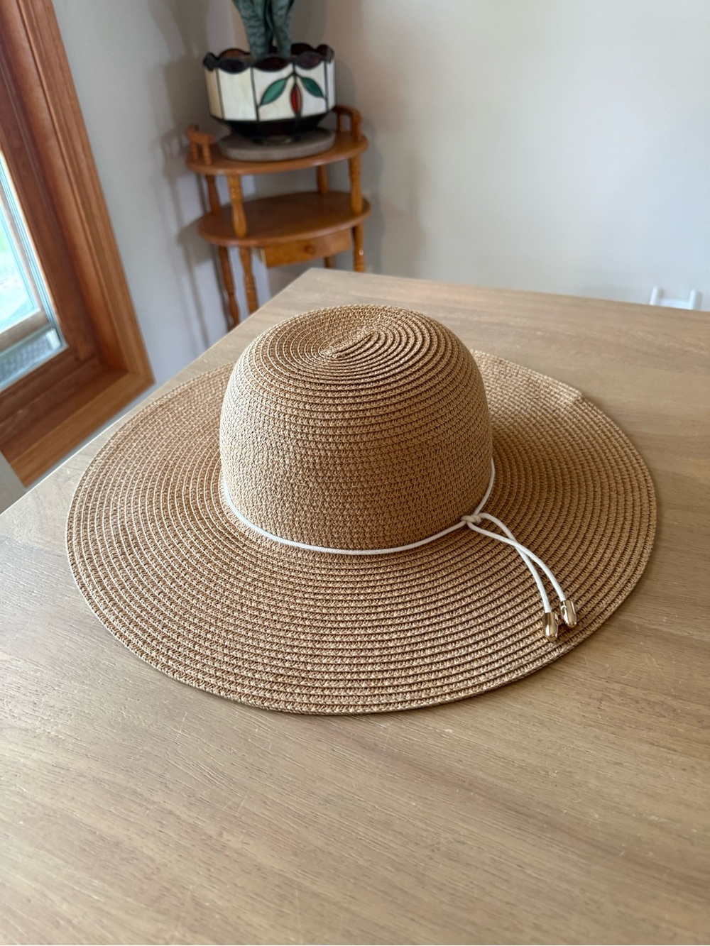 David and Young Wide Brim Sun Hat in Tan with White and gold accent